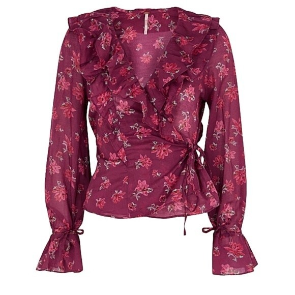 NWT Free People Amanda Ruffle Long Sleeve Wrap Blouse Burgundy Floral Size Small - Picture 1 of 16